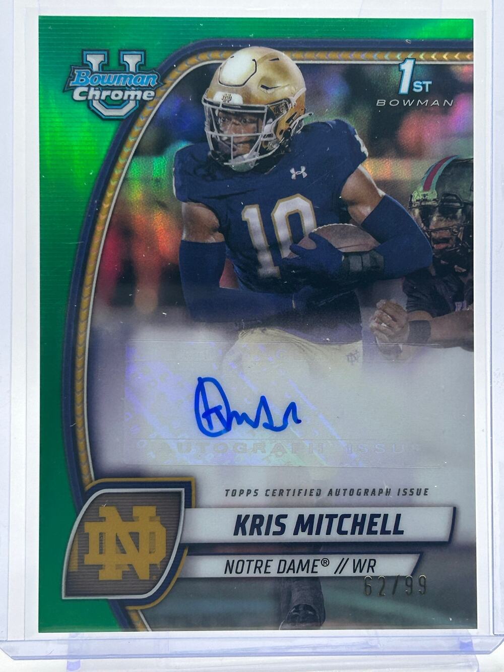 2024 Bowman Chrome U Kris Mitchell Green Refractor Auto 62/99 SP Notre Dame